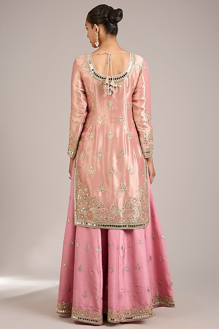 Dusty Pink Tissue & Slub Silk Mirrorwork Embroidered Wedding Sharara Set by Suhino at Pernia's Pop Up Shop