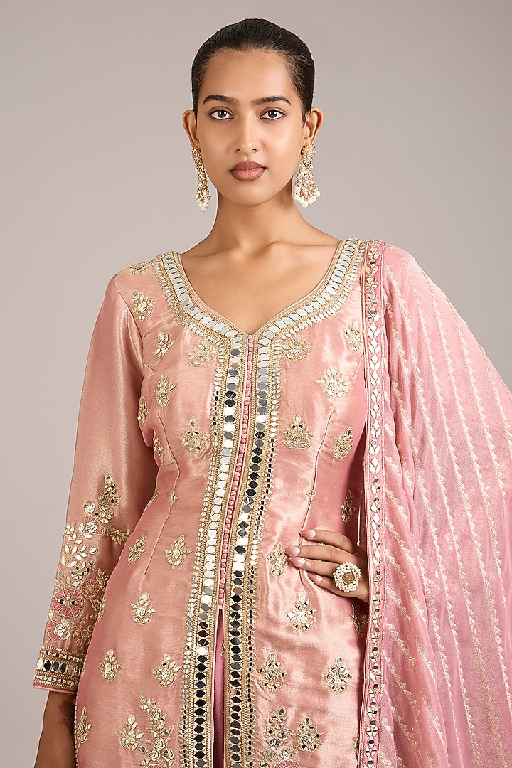 Dusty Pink Tissue & Slub Silk Mirrorwork Embroidered Wedding Sharara Set by Suhino at Pernia's Pop Up Shop