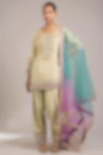 Ivory Tissue Mirror & Patchwork Embroidered Kurta Set by Suhino at Pernia's Pop Up Shop
