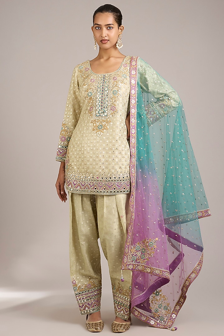 Ivory Tissue Mirror & Patchwork Embroidered Kurta Set by Suhino at Pernia's Pop Up Shop