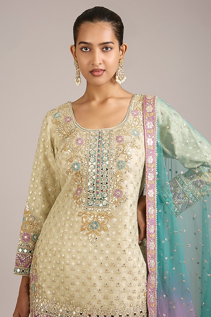 Ivory Tissue Mirror & Patchwork Embroidered Kurta Set by Suhino at Pernia's Pop Up Shop