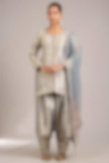 Dusty Grey Tissue Mirror & Patchwork Embroidered Kurta Set by Suhino at Pernia's Pop Up Shop