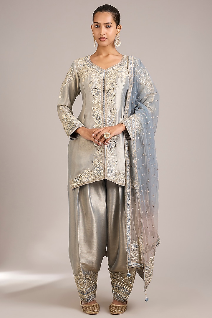 Dusty Grey Tissue Mirror & Patchwork Embroidered Kurta Set by Suhino at Pernia's Pop Up Shop