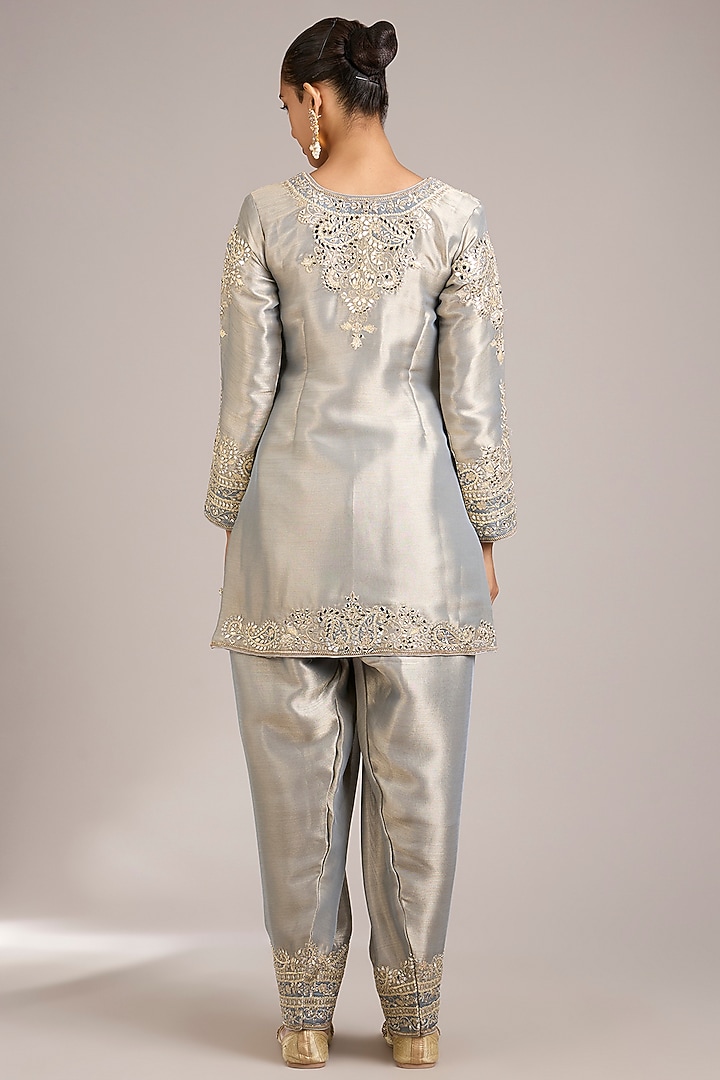 Dusty Grey Tissue Mirror & Patchwork Embroidered Kurta Set by Suhino at Pernia's Pop Up Shop