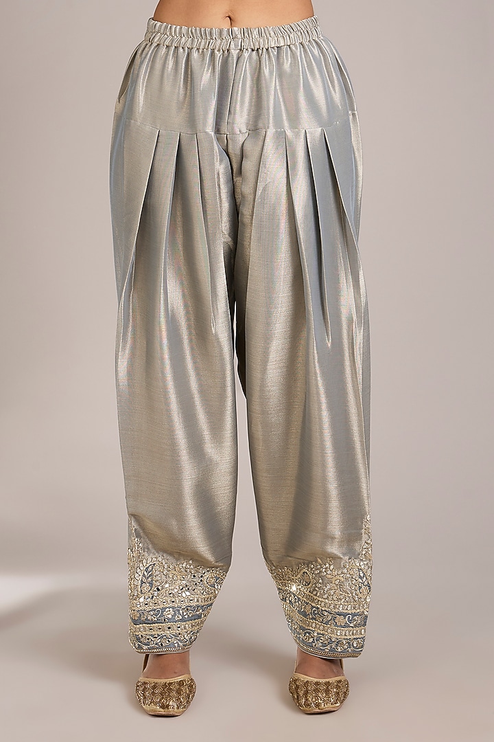 Dusty Grey Tissue Mirror & Patchwork Embroidered Kurta Set by Suhino at Pernia's Pop Up Shop