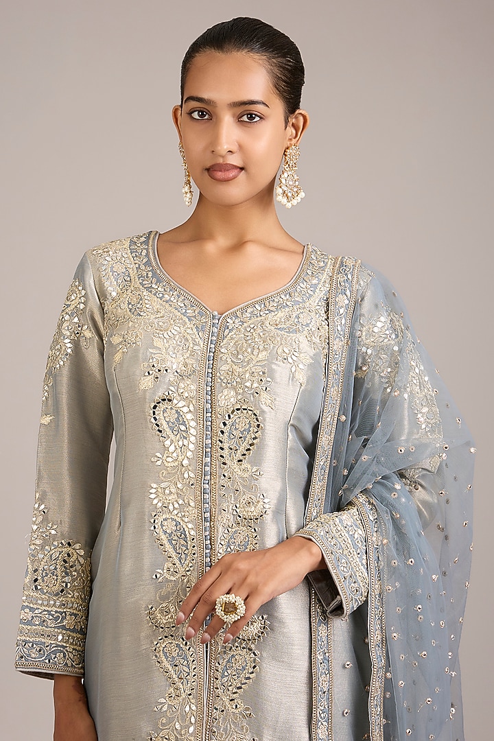 Dusty Grey Tissue Mirror & Patchwork Embroidered Kurta Set by Suhino at Pernia's Pop Up Shop