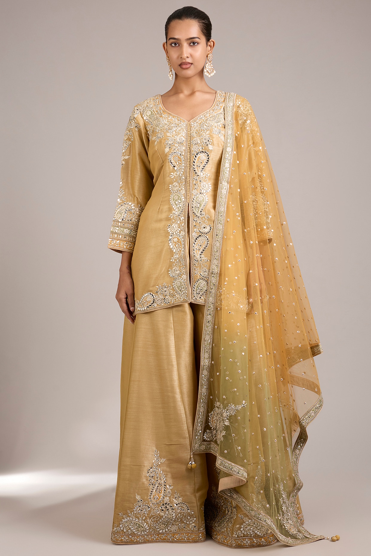 Suhino Dusty Yellow Tissue Mirrorwork Embroidered Sharara Set