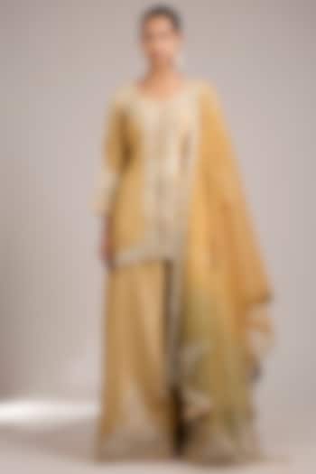Dusty Yellow Tissue Mirrorwork Embroidered Wedding Sharara Set by Suhino at Pernia's Pop Up Shop