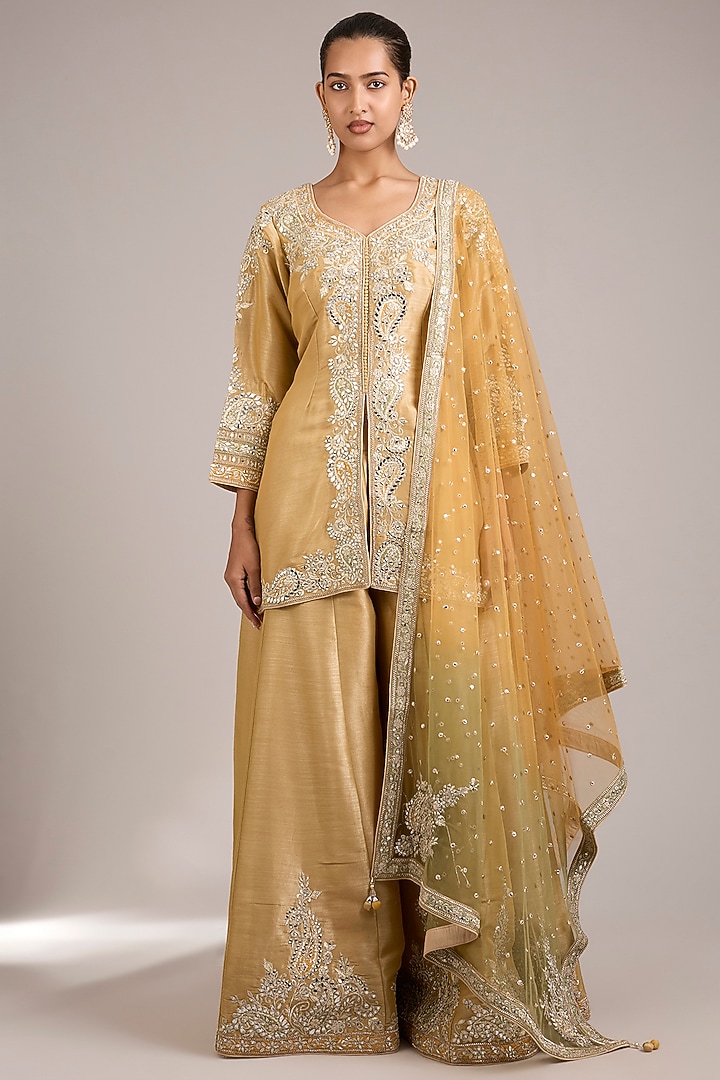 Dusty Yellow Tissue Mirrorwork Embroidered Wedding Sharara Set by Suhino at Pernia's Pop Up Shop