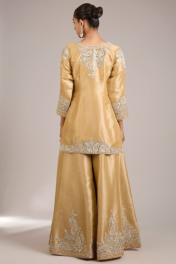 Dusty Yellow Tissue Mirrorwork Embroidered Wedding Sharara Set by Suhino at Pernia's Pop Up Shop