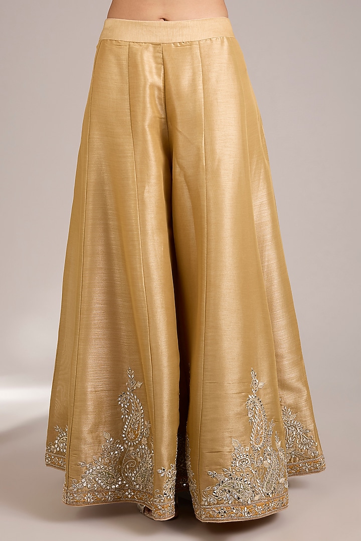 Dusty Yellow Tissue Mirrorwork Embroidered Wedding Sharara Set by Suhino at Pernia's Pop Up Shop