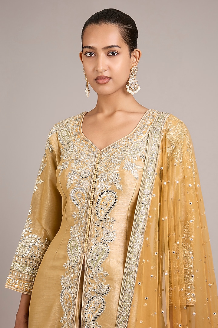Dusty Yellow Tissue Mirrorwork Embroidered Wedding Sharara Set by Suhino at Pernia's Pop Up Shop