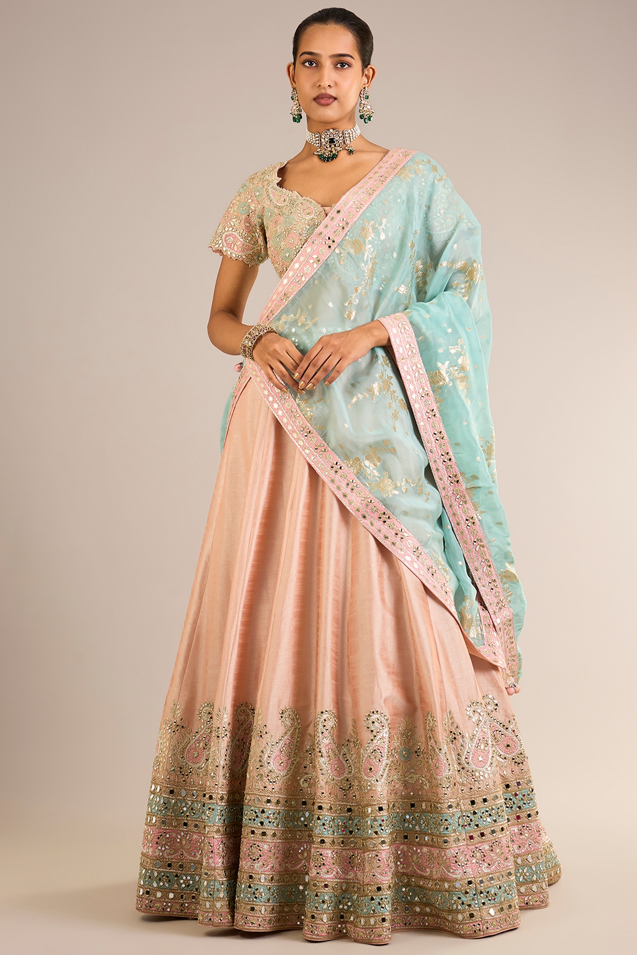 Suhino Peach Slub Silk Mirror Embroidered Lehenga Set