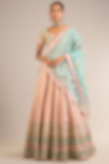 Peach Slub Silk Mirror Embroidered Wedding Lehenga Set by Suhino at Pernia's Pop Up Shop