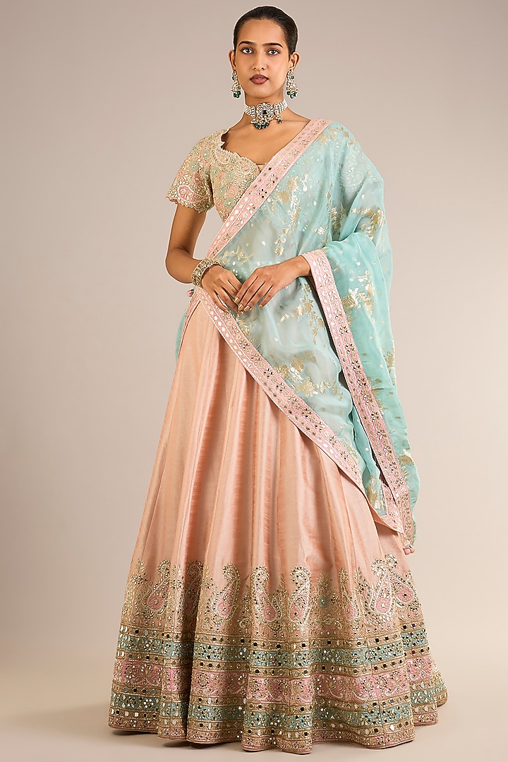 Peach Slub Silk Mirror Embroidered Wedding Lehenga Set by Suhino at Pernia's Pop Up Shop