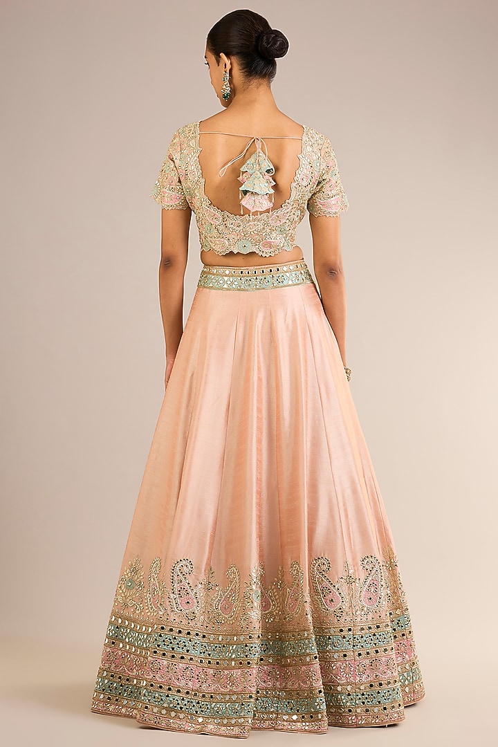 Peach Slub Silk Mirror Embroidered Wedding Lehenga Set by Suhino at Pernia's Pop Up Shop