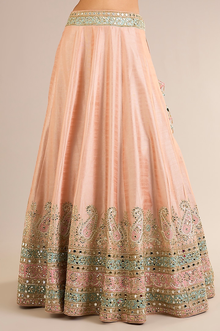 Peach Slub Silk Mirror Embroidered Wedding Lehenga Set by Suhino at Pernia's Pop Up Shop