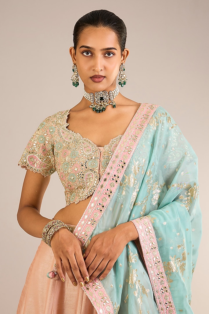 Peach Slub Silk Mirror Embroidered Wedding Lehenga Set by Suhino at Pernia's Pop Up Shop