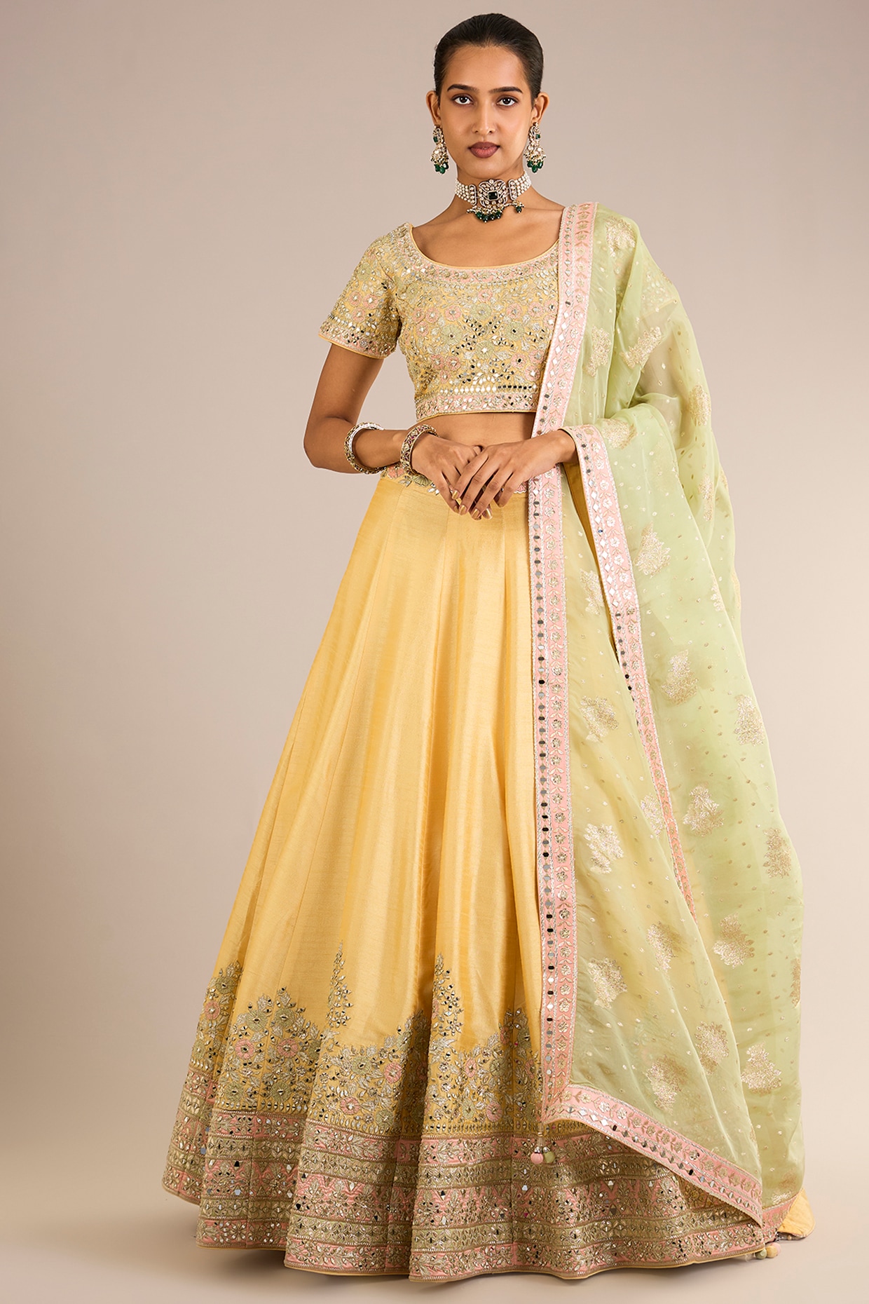 Suhino Lemon Yellow Slub Silk Mirror Embroidered Lehenga Set