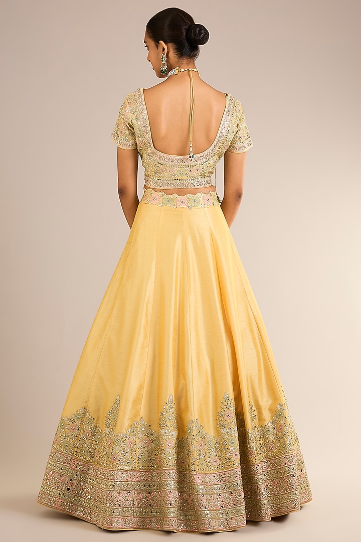 Lemon Yellow Slub Silk Mirror Embroidered Wedding Lehenga Set by Suhino at Pernia's Pop Up Shop