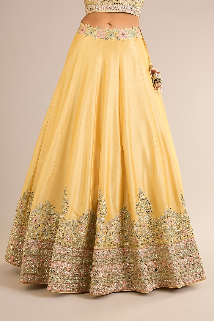Lemon Yellow Slub Silk Mirror Embroidered Wedding Lehenga Set by Suhino at Pernia's Pop Up Shop