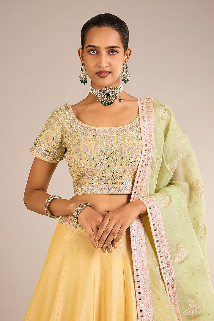 Lemon Yellow Slub Silk Mirror Embroidered Wedding Lehenga Set by Suhino at Pernia's Pop Up Shop