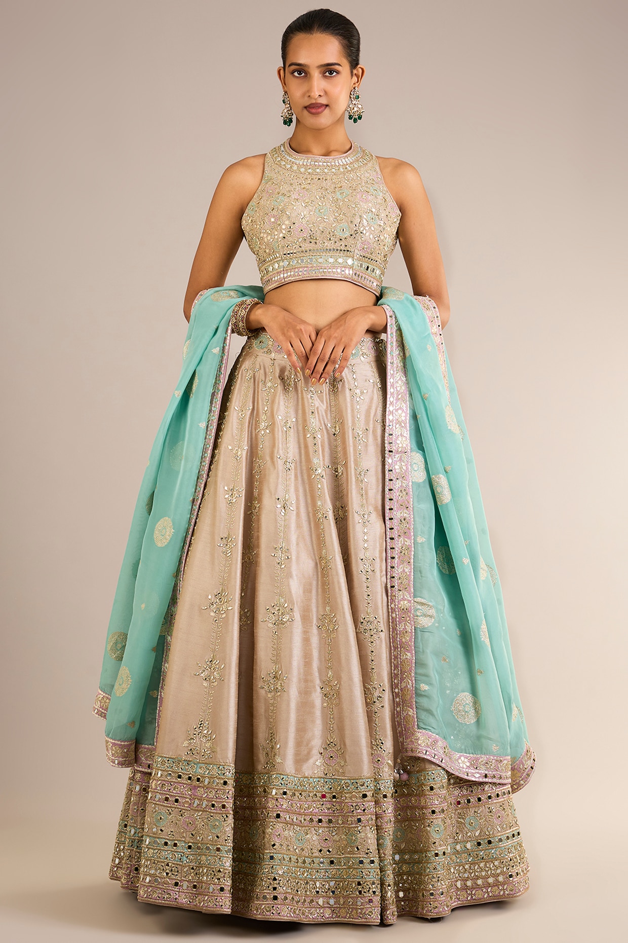 Suhino Champagne Slub Silk Mirror Embroidered Lehenga Set