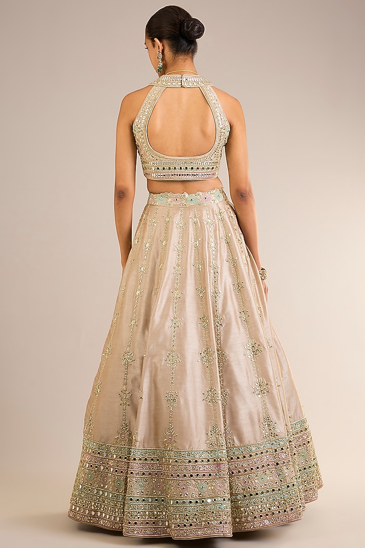 Champagne Slub Silk Mirror Embroidered Wedding Lehenga Set by Suhino at Pernia's Pop Up Shop
