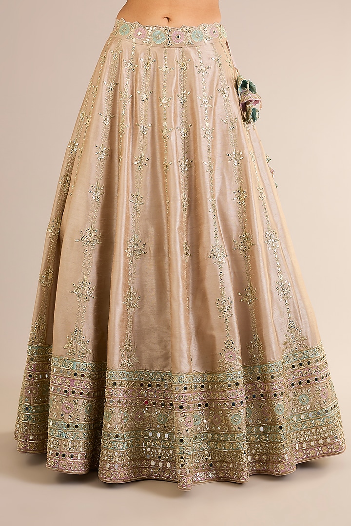 Champagne Slub Silk Mirror Embroidered Wedding Lehenga Set by Suhino at Pernia's Pop Up Shop