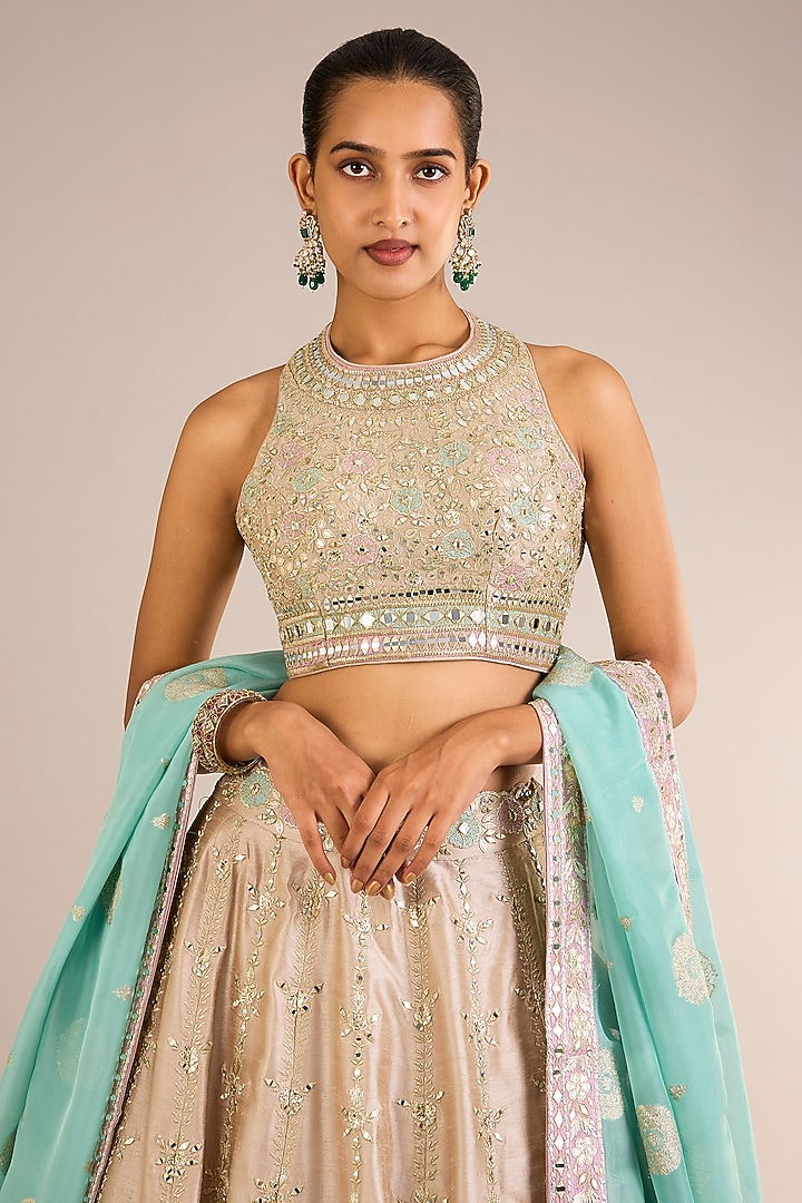 Champagne Slub Silk Mirror Embroidered Wedding Lehenga Set by Suhino at Pernia's Pop Up Shop