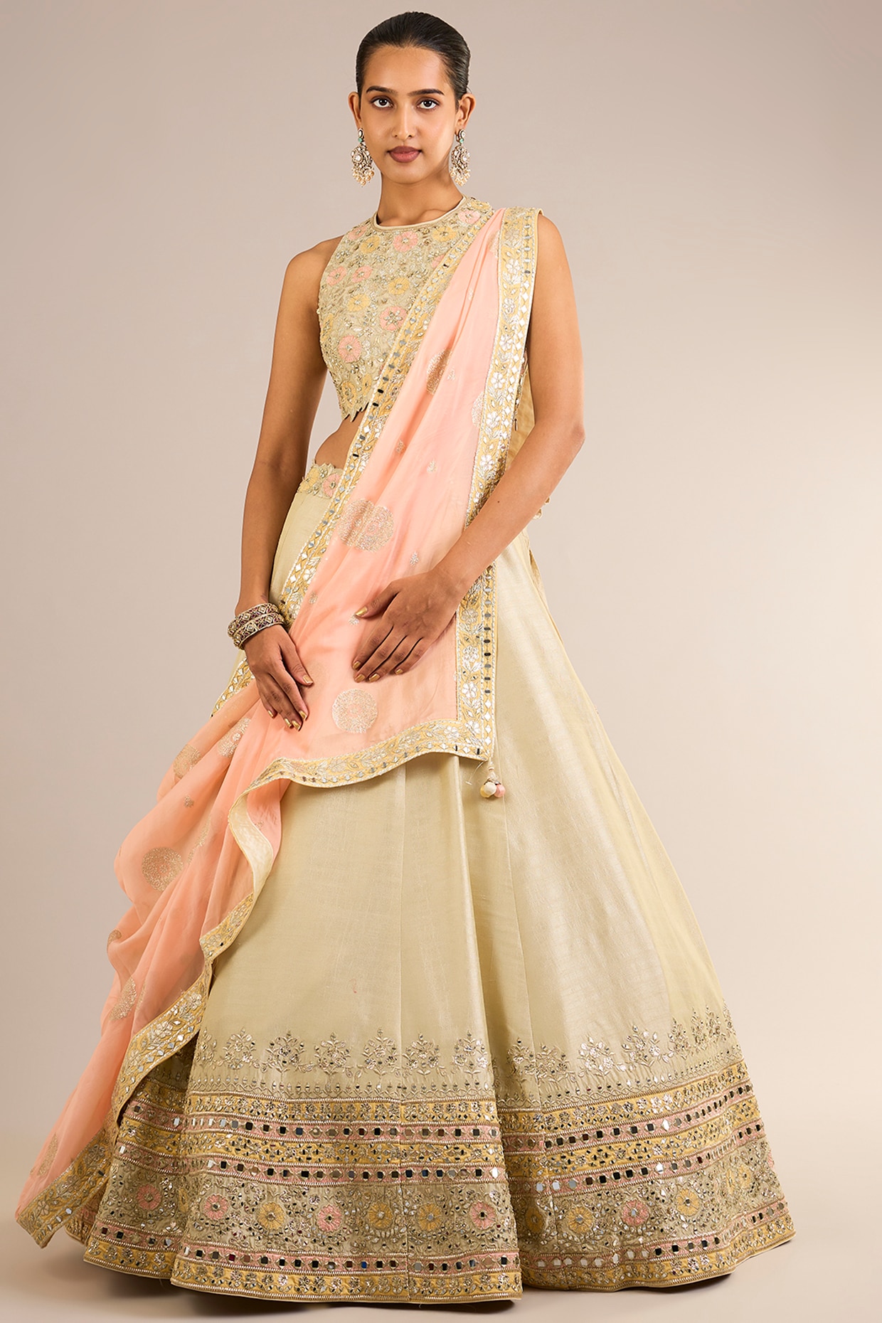 Suhino Green Slub Silk Mirror Embroidered Lehenga Set
