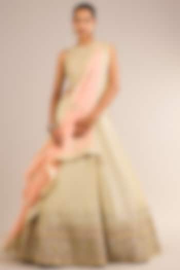 Green Slub Silk Mirror Embroidered Wedding Lehenga Set by Suhino at Pernia's Pop Up Shop