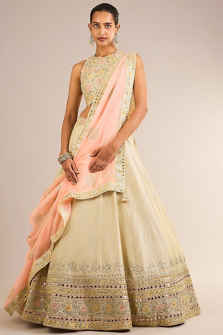 Green Slub Silk Mirror Embroidered Wedding Lehenga Set by Suhino at Pernia's Pop Up Shop