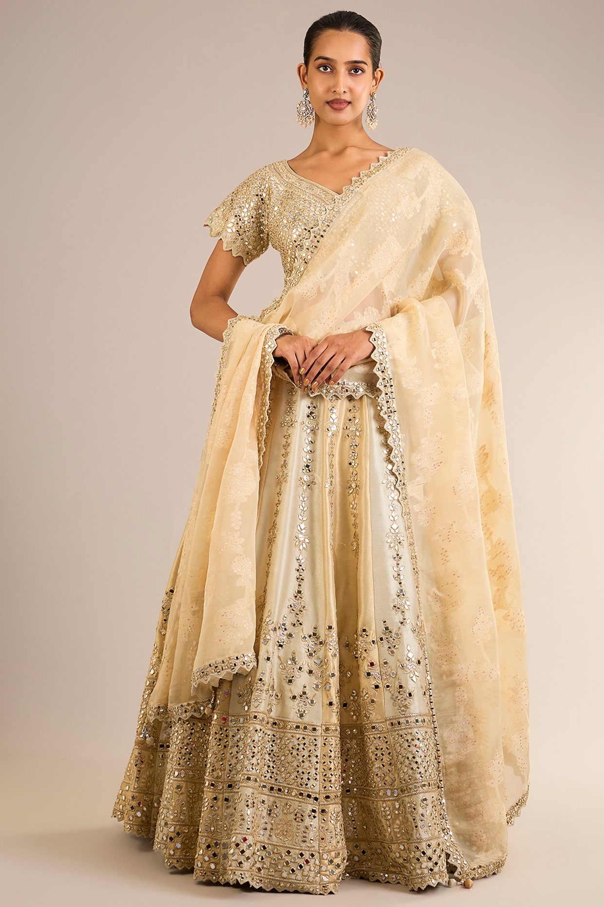 Suhino Ivory & Golden Tissue Silk Mirror Embroidered Lehenga Set
