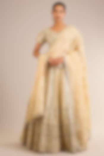 Ivory & Golden Tissue Silk Mirror Embroidered Wedding Lehenga Set by Suhino at Pernia's Pop Up Shop