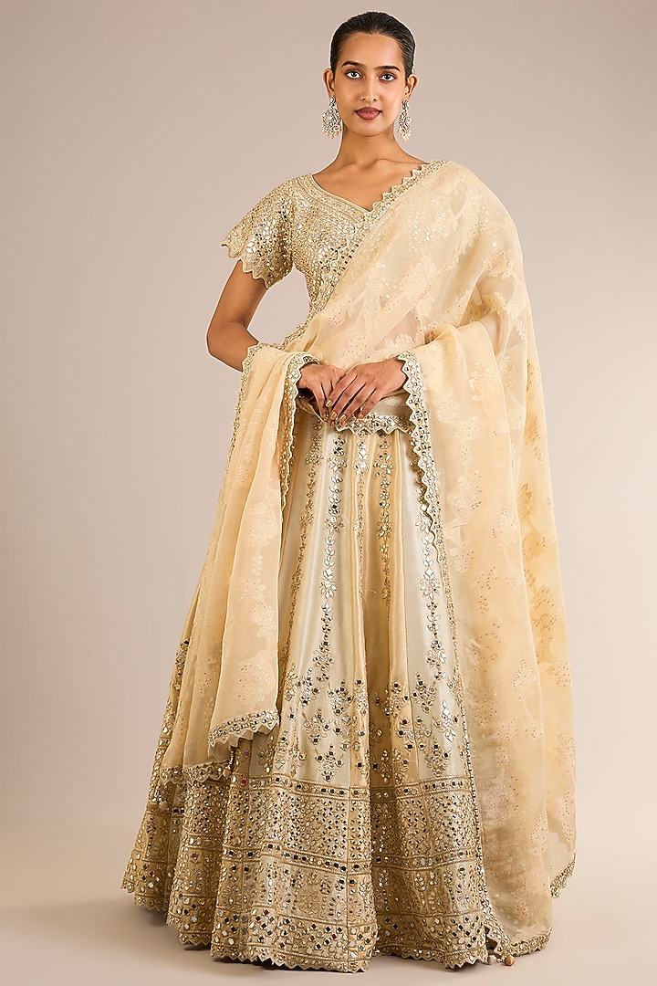 Ivory & Golden Tissue Silk Mirror Embroidered Wedding Lehenga Set by Suhino at Pernia's Pop Up Shop