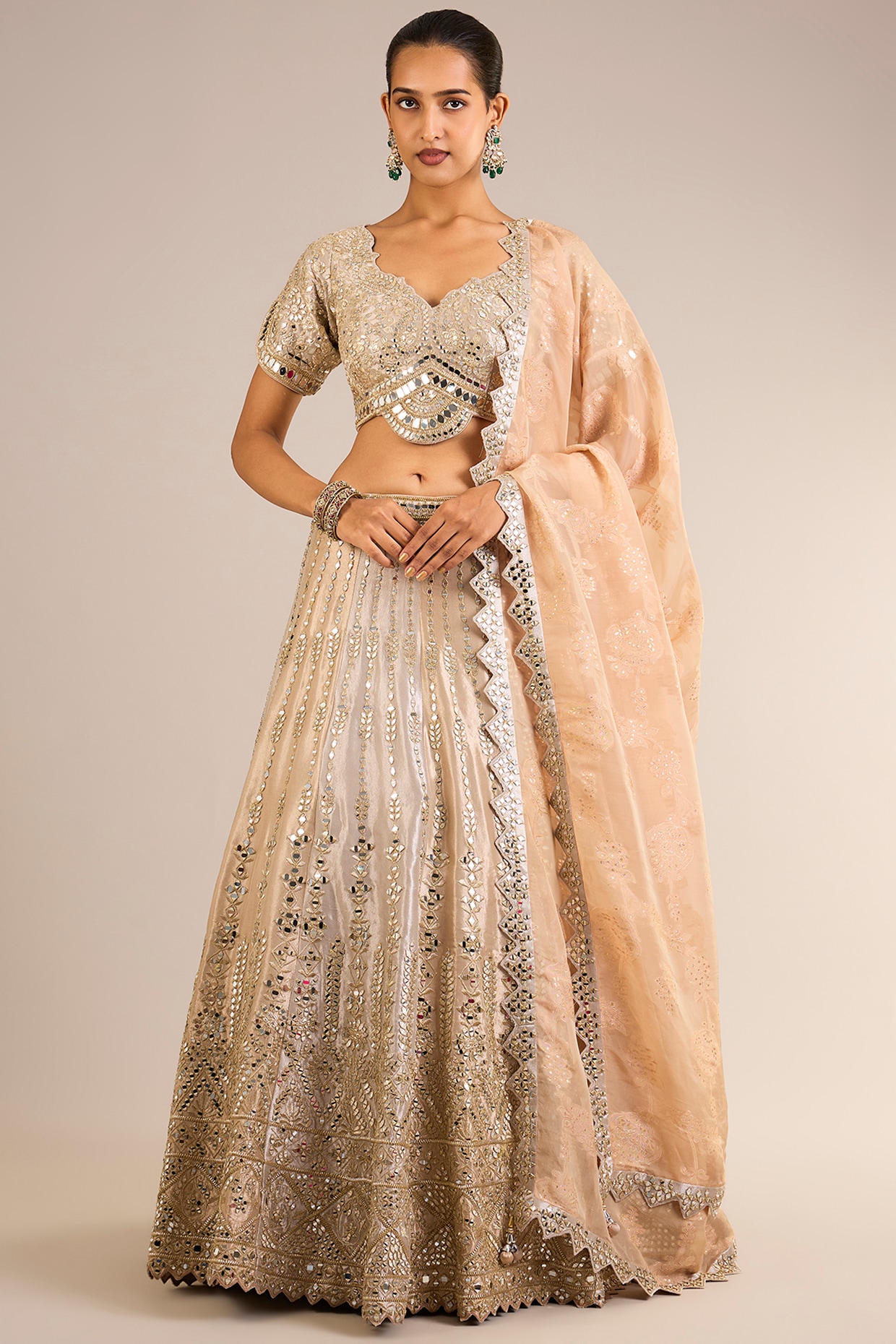 Suhino Champagne Gold & Ivory Tissue Silk Mirror Embroidered Lehenga Set