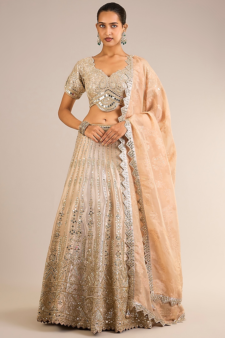 Champagne Gold & Ivory Tissue Silk Mirror Embroidered Wedding Lehenga Set by Suhino at Pernia's Pop Up Shop