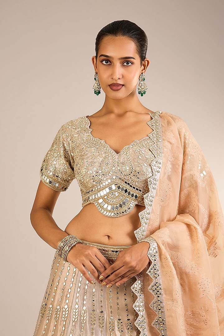 Champagne Gold & Ivory Tissue Silk Mirror Embroidered Wedding Lehenga Set by Suhino at Pernia's Pop Up Shop