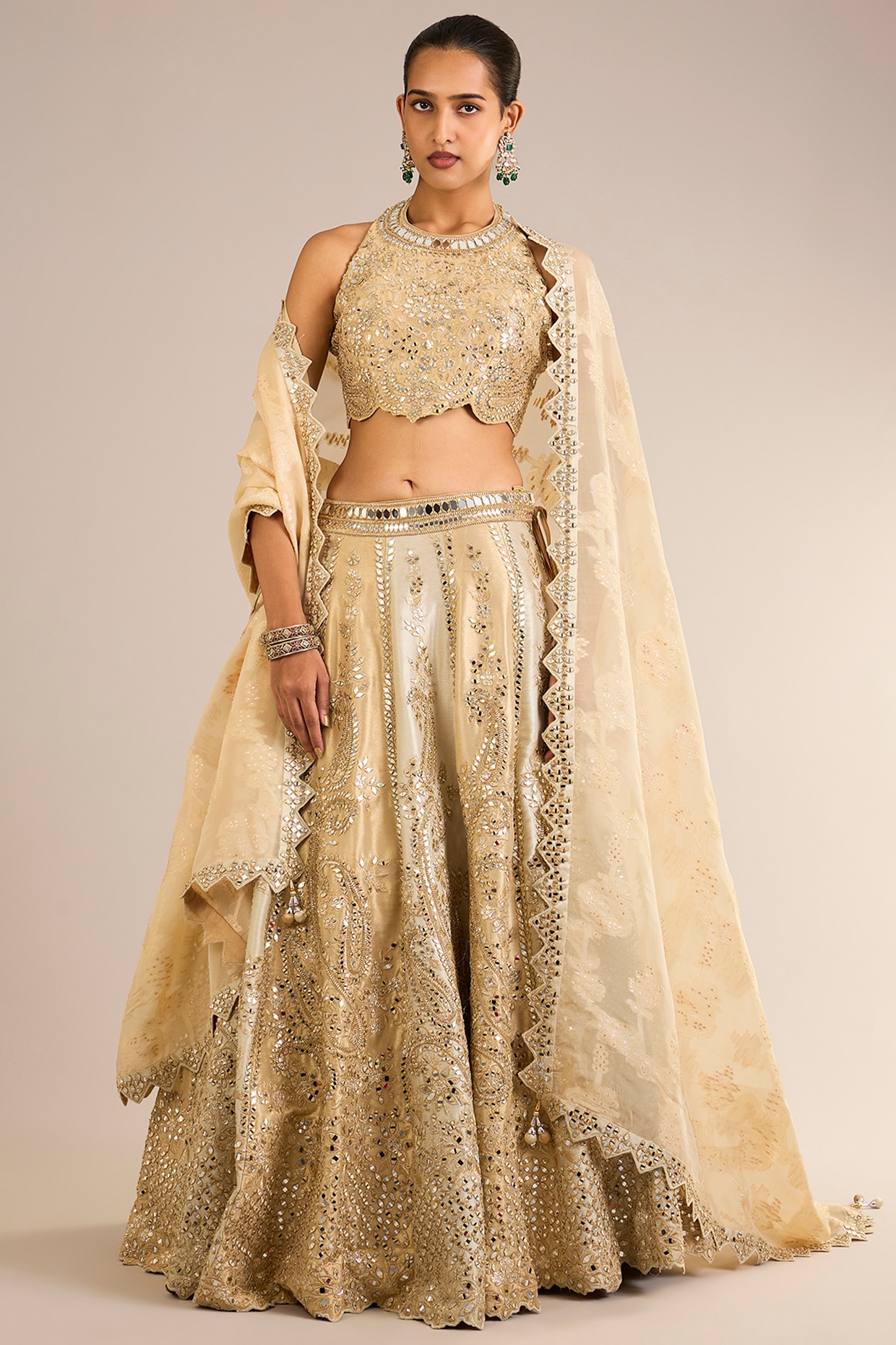 Suhino Ivory & Golden Tissue Silk Mirror Embroidered Lehenga Set