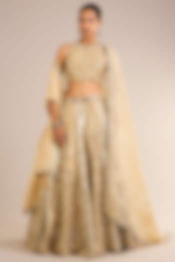 Ivory & Golden Tissue Silk Mirror Embroidered Wedding Lehenga Set by Suhino at Pernia's Pop Up Shop