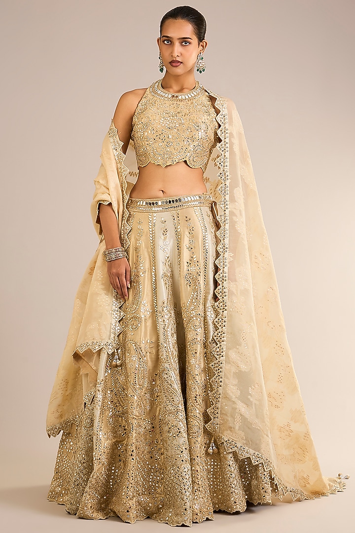 Ivory & Golden Tissue Silk Mirror Embroidered Wedding Lehenga Set by Suhino at Pernia's Pop Up Shop