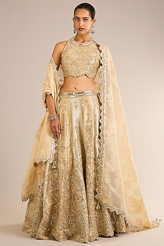 Ivory & Golden Tissue Silk Mirror Embroidered Lehenga Set by Suhino