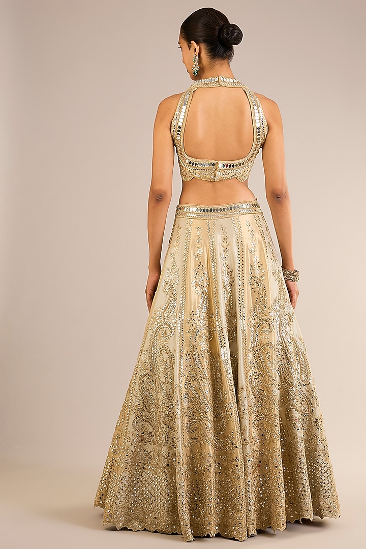 Ivory & Golden Tissue Silk Mirror Embroidered Wedding Lehenga Set by Suhino at Pernia's Pop Up Shop