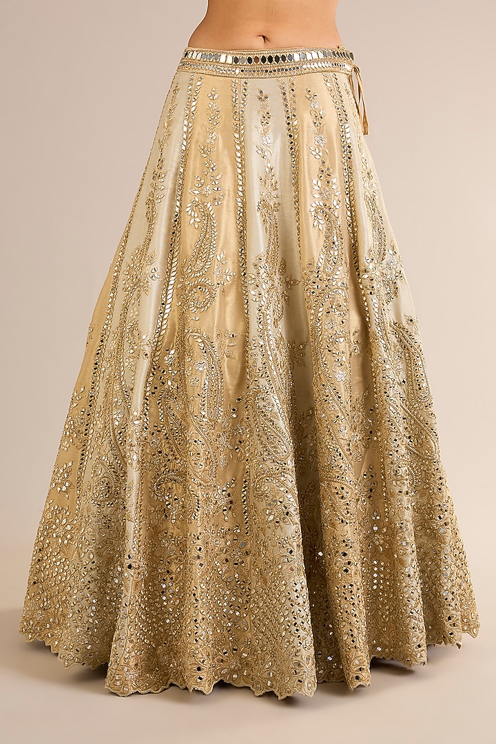 Ivory & Golden Tissue Silk Mirror Embroidered Wedding Lehenga Set by Suhino at Pernia's Pop Up Shop