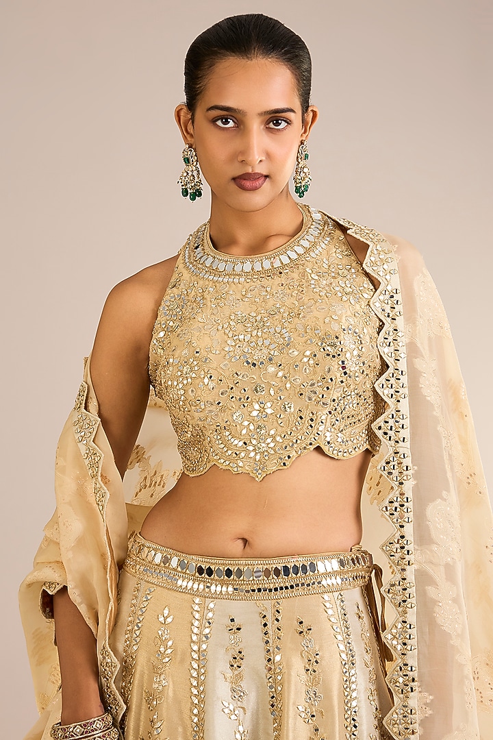 Ivory & Golden Tissue Silk Mirror Embroidered Wedding Lehenga Set by Suhino at Pernia's Pop Up Shop