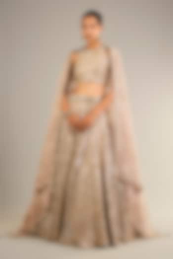 Champagne Gold & Ivory Tissue Silk Mirror Embroidered Wedding Lehenga Set by Suhino at Pernia's Pop Up Shop