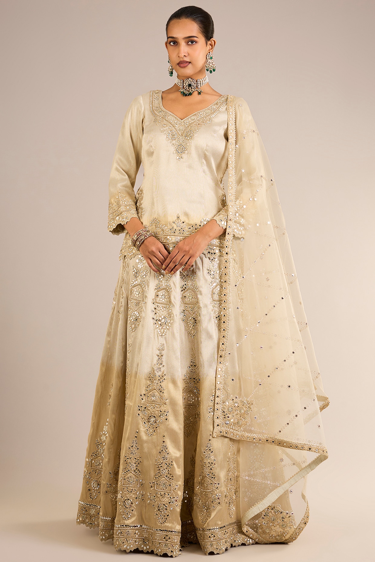 Suhino Ivory & Gold Ombre Tissue Silk Mirror Embroidered Lehenga Set