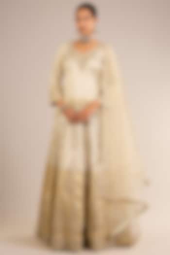 Ivory & Gold Ombre Tissue Silk Mirror Embroidered Wedding Lehenga Set by Suhino at Pernia's Pop Up Shop