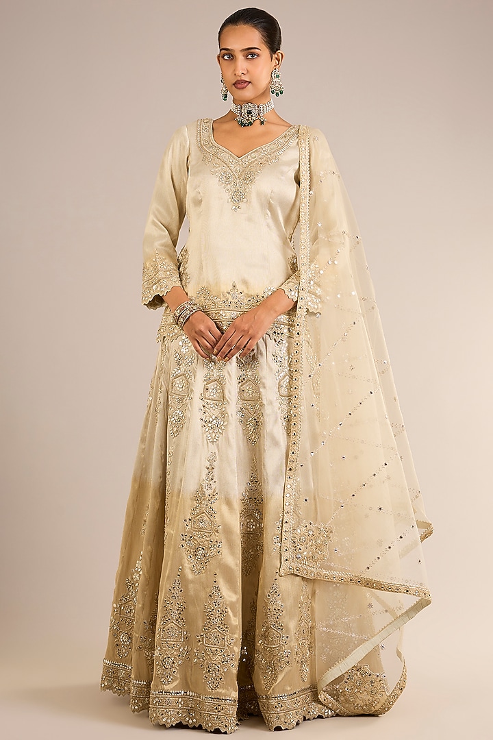 Ivory & Gold Ombre Tissue Silk Mirror Embroidered Wedding Lehenga Set by Suhino at Pernia's Pop Up Shop